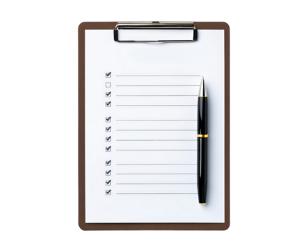 Checklist on clipboard with pen for organization and planning on transparent background, PNG