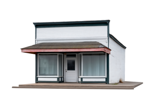 Old western-style abandoned building with white facade and closed door on transparent background, PNG