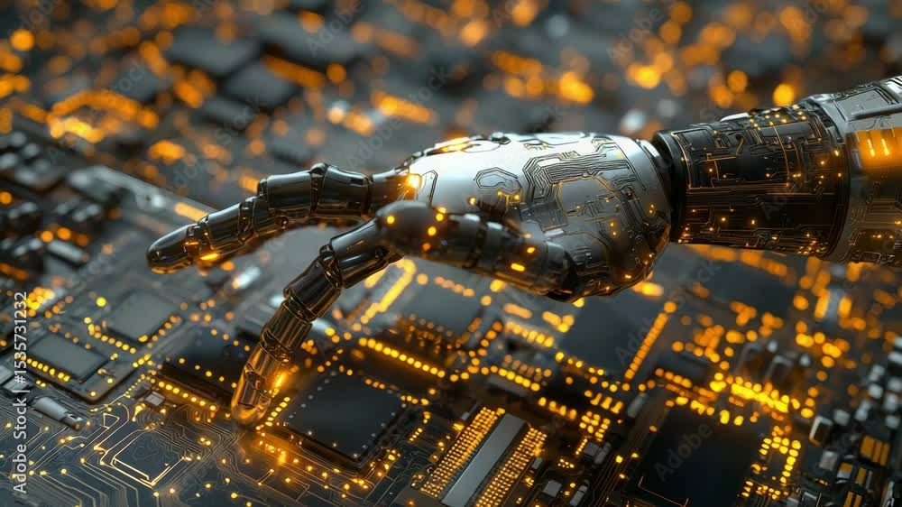 Poster a robotic hand interacts with a glowing circuit board, symbolizing advanced technology and artificia