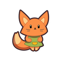 Cute fox on white background. Character design in clothes. Fox cartoon flat illustration. Kid graphics. Kawaii. Vector.