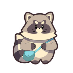 Cute raccoon on white background. Character design in clothes. Raccoon cartoon flat illustration. Kid graphics. Kawaii. Vector.