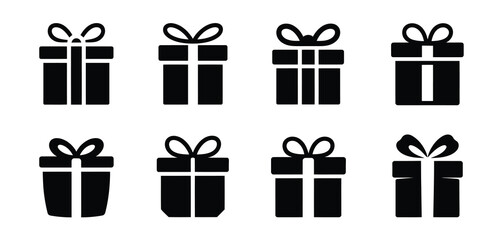 Eight Black Gift Box Icons with Ribbons for Design