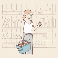  Happy woman looking at product at grocery store  vector design illustrations