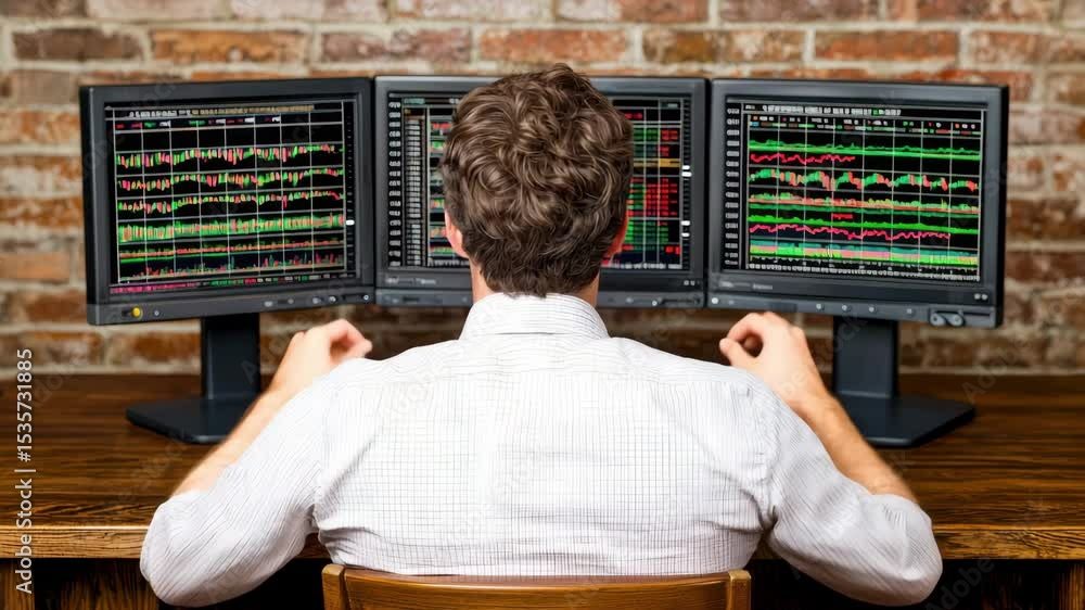 Poster a focused individual analyzing financial data on multiple screens in a modern workspace.