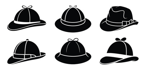Collection of Six Different Types of Hats in Black Silhouettes