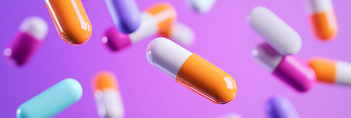 Colorful pills floating on a purple background. Medicines of different colors and shapes arranged in a visually appealing pattern.