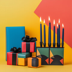 Kwanzaa celebration setup in abstract style featuring colorful wrapped gifts, traditional kinara candle holder with seven candles, and symbolic elements representing unity, culture, and heritage

