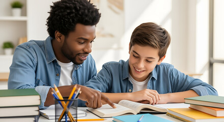 Male adult helping a young boy with homework