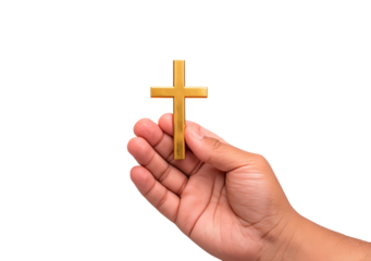 Hand holding golden cross on transparent background, PNG