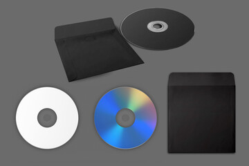 Blank black and white CD DVD disc and black carton packaging cover envelope template mock up isolated on gray background. 3d rendering.