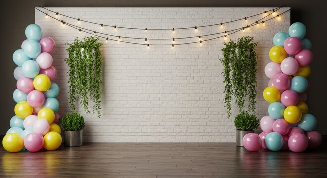 Festive Balloon Arch and Brick Wall - Pastel balloons arranged in two columns flank a white brick wall, adorned with string lights and hanging plants. Perfect for party or event backdrops