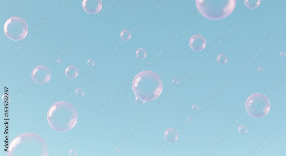 Poster floating bubbles on light blue background - many translucent pink bubbles float against a soft light