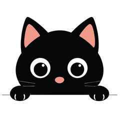 Adorable Black Cat Illustration Featuring a Cute Kitten Peeking Over a White Surface with Playful Eyes and Whiskers
