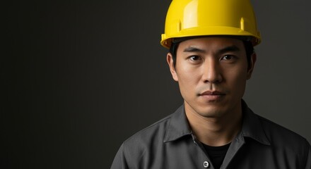 Focused Young Worker in Yellow Helmet - A serious Asian man, wearing a yellow hard hat and grey work uniform, looks directly at the camera. He projects competence, safety, and diligence.