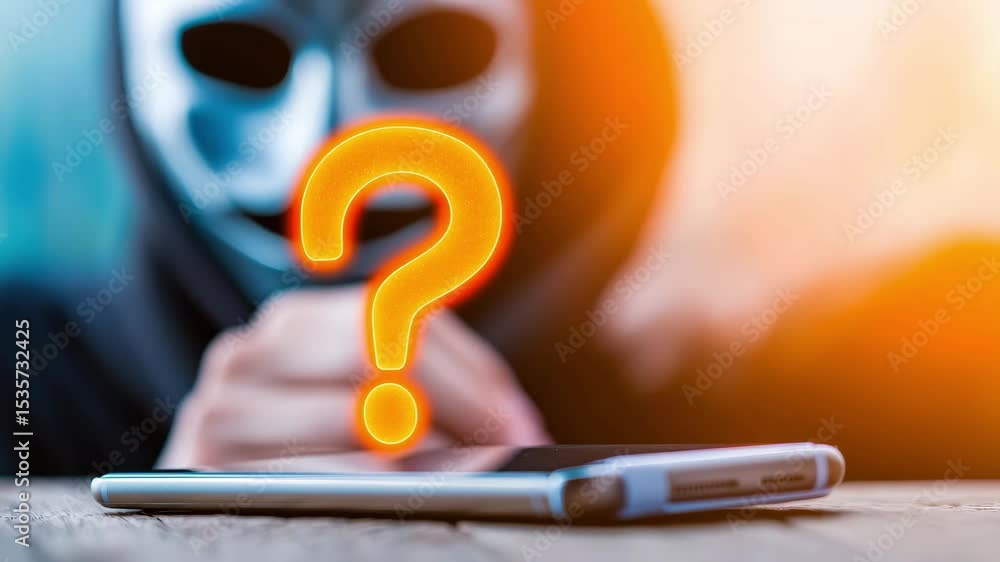 Poster a masked figure points towards a smartphone, with a glowing question mark symbolizing uncertainty or