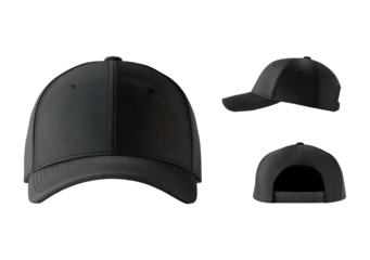 Black baseball cap front side and back views on transparent background, PNG