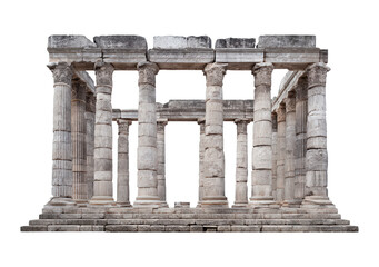 Obraz premium Ancient greek doric temple ruins with stone columns and steps on transparent background, PNG