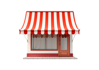 Charming red and white striped awning on small storefront with closed door and window on transparent background, PNG