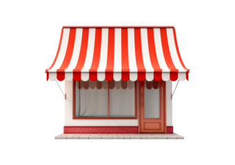 Charming red and white striped awning on small storefront with closed door and window on transparent background, PNG