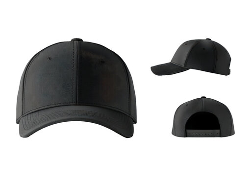 Black baseball cap front side and back views on transparent background, PNG