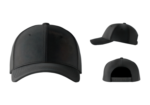 Black baseball cap front side and back views on transparent background, PNG - Powered by Adobe