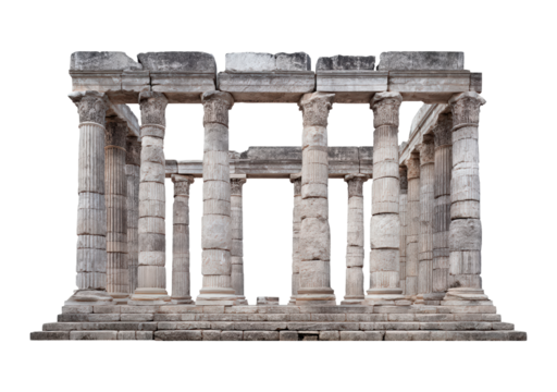 Ancient greek doric temple ruins with stone columns and steps on transparent background, PNG