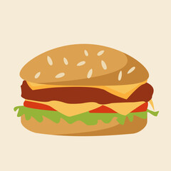 Burger with beef patty, cheese, lettuce, and tomato in a sesame bun. Simple flat design. Suitable for street food, fast food, and menu decorations designs