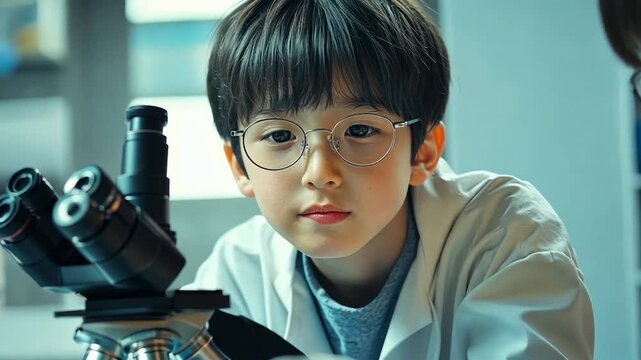 Close up of a child wearing glasses, observing a microscope in a science classroom, focused and attentive expression