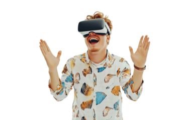 Young man wearing wireless VR headset amazed by immersive virtual experience isolated on transparent background PNG