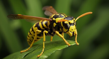 Jacket Wasp Close Up on Leaf - A detailed closeup of a jacket wasp perched on a green leaf. Symbolizing nature, detail, insects, wildlife, and macro