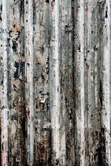 The corrugated metal surface is black and white, and the metal looks like it’s covered in layers of old posters, stickers, and advertisements that have been torn apart over time, leaving a jumbled 