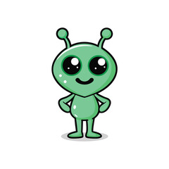 A Cute Green Alien Cartoon Character with Big Eyes and a Friendly Smile Standing Upright on a White Background