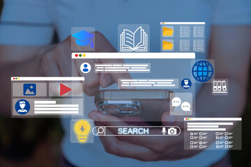 Online Education and E-Learning Concept. Young girl uses mobile with icons representing online education, learning, knowledge sharing, educational tools, training, webinar on internet, digital courses