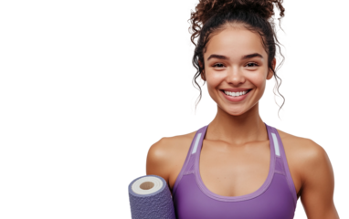 Cheerful female fitness enthusiast carrying yoga mat in casual attire isolated on transparent background PNG