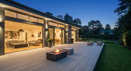 Modern House Evening Deck Design - Luxurious modern home with expansive deck featuring fire pit and outdoor seating at dusk. Tranquil backyard setting