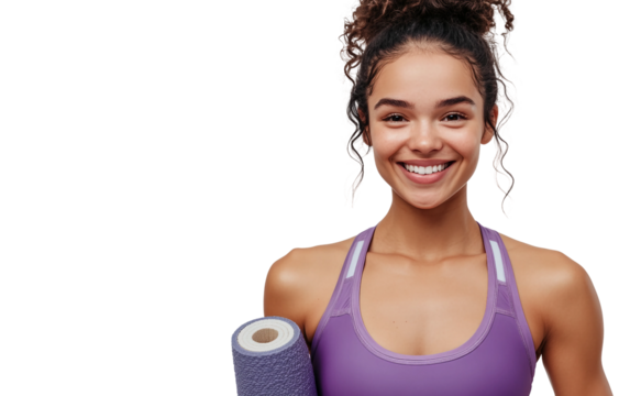 Cheerful female fitness enthusiast carrying yoga mat in casual attire isolated on transparent background PNG