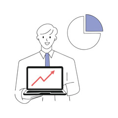 Caucasian man displays laptop showing growth chart alongside a pie graph illustration