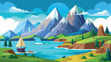 Cartoon Landscape with Sailboat on Blue Lake and SnowCapped Mountains Backdrop
