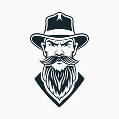 Monochromatic Illustration of a Stern Cowboy with a Voluminous Beard and a Classic Hat Emblematic of the Old West