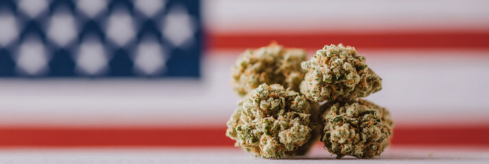Cannabis buds in front of USA flag.  Depicts the growing association between states rights,  changing attitudes, and cannabis products.