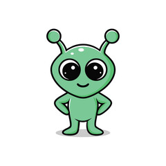 Cute Green Alien Cartoon Character with Big Eyes and Small Smile Standing with Hands on Hips and Shadow