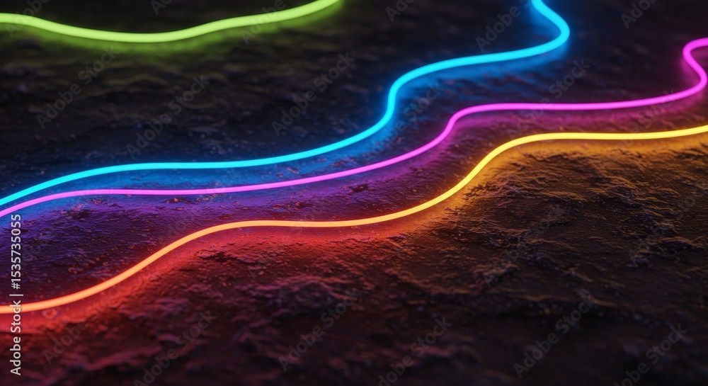 Poster neon lines on rough surface - vibrant neon lines in various colors curve across a dark textured back