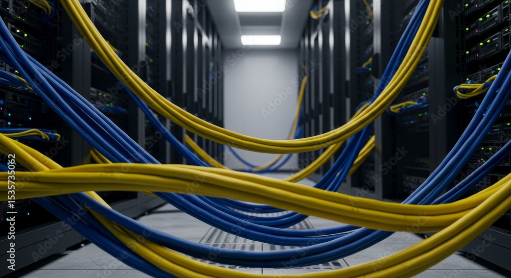 Poster network server room cables - rows of servers with numerous blue and yellow cables connecting them in