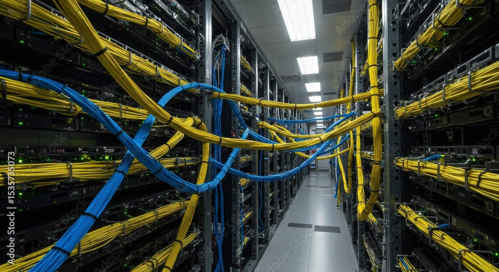 Poster network server room infrastructure - of a modern server room with extensive cabling, showcasing intr