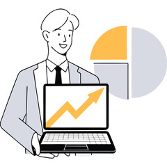 Smiling Asian Businessman Holding Laptop Displays an Upward Trend near a Pie Chart