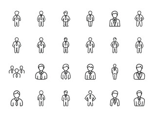 Collection  Businessman Icon Silhouettes in Minimalist Line Style on White Background – Professional, Corporate, Office, and Executive Symbols for Business and Management Design

