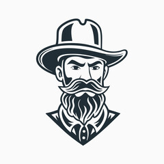 Detailed Silhouette of a Confident Cowboy with Intricate Beard and Classic Western Hat Emblem