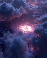 Fototapeta premium A vibrant, otherworldly structure rises amidst swirling clouds.