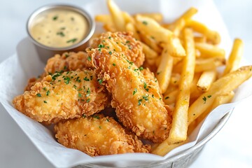 Fototapeta premium Crispy Fried Chicken Tenders & Fries Basket with Dipping Sauce