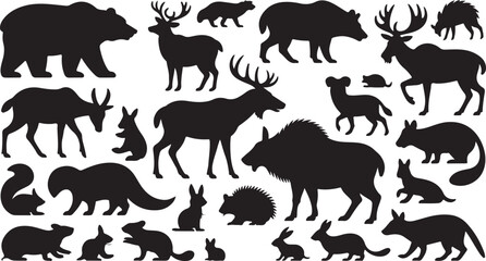 Fototapeta premium wild animal silhouette collection with various forest creatures black vector design set